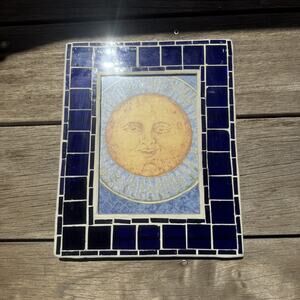90s Vintage Celestial Sun Print Blue Stained Glass 10x8in Frame Whimsygoth Moon